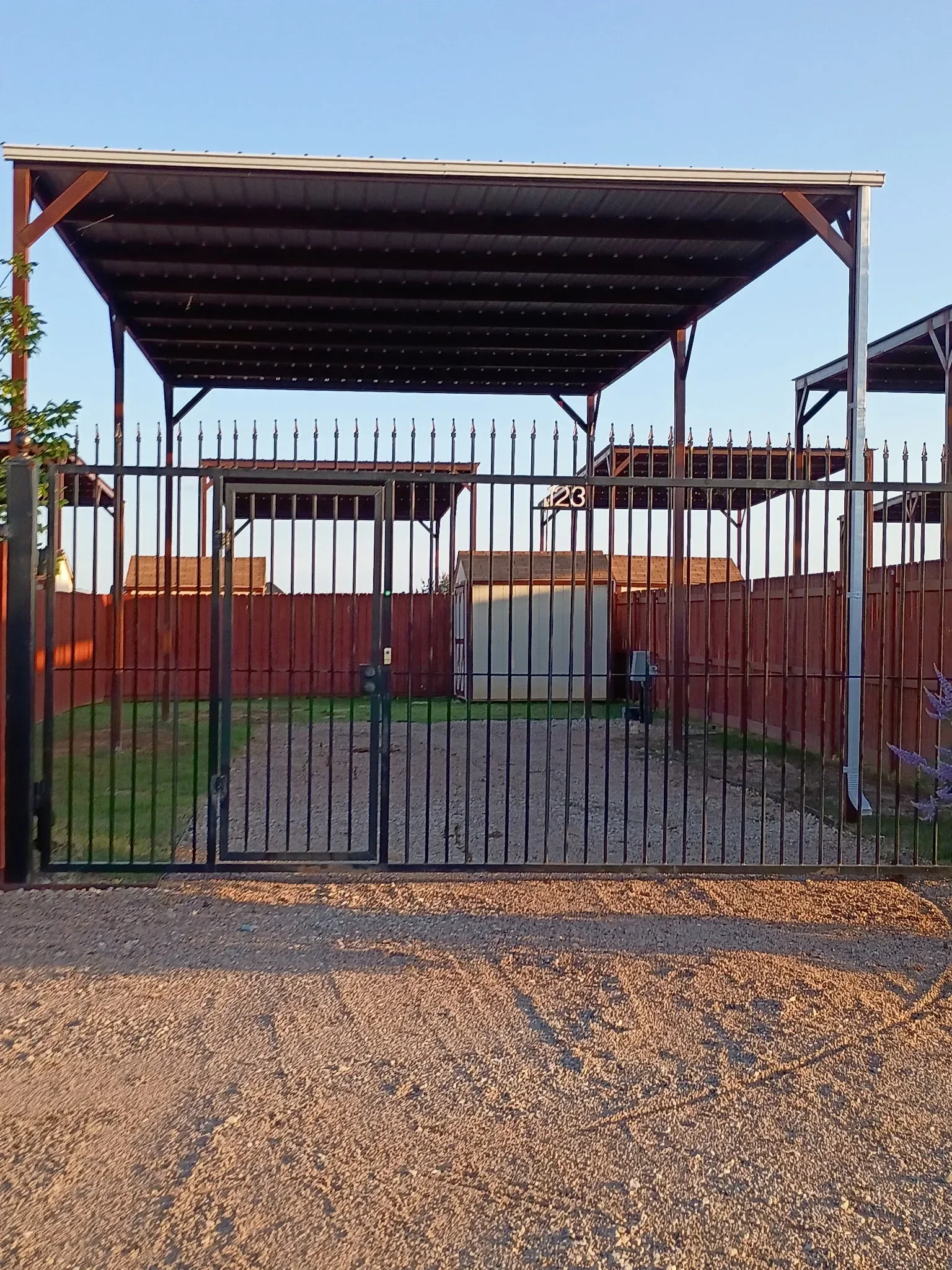 Steel awning providing shade and weather protection