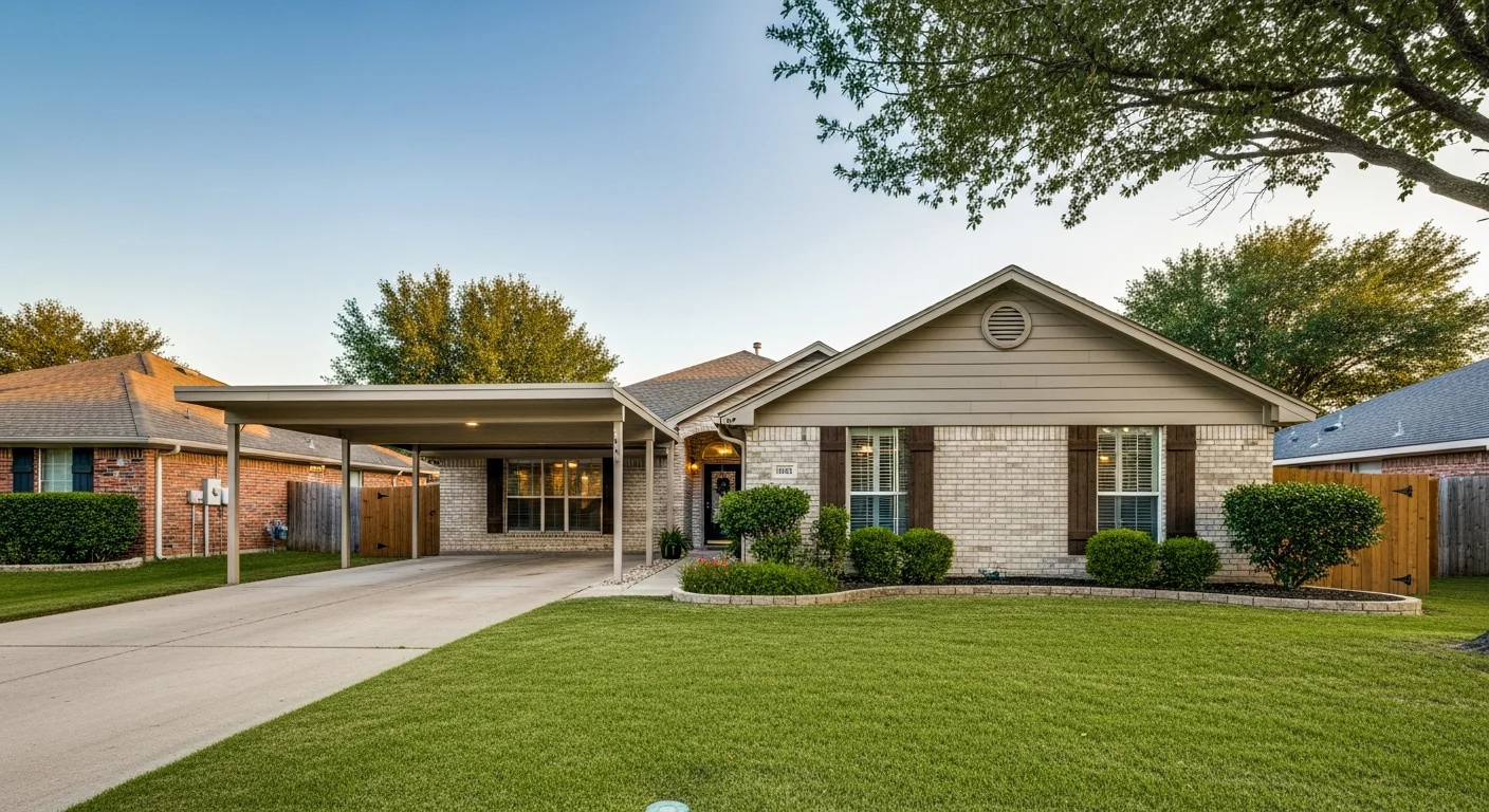 Red Iron Builders serving Texas — residential home exterior in suburban Denton County neighborhood with manicured landscaping and modern siding.