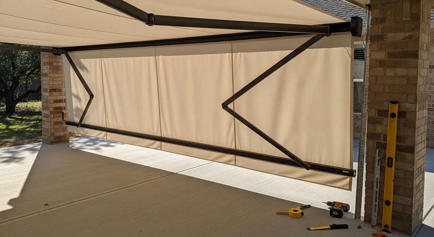 A newly installed patio awning on a residential property in Denton County, Texas, providing full shade coverage over an outdoor seating area. The awning is mounted flush to the exterior wall with the North Texas sky visible in the background.