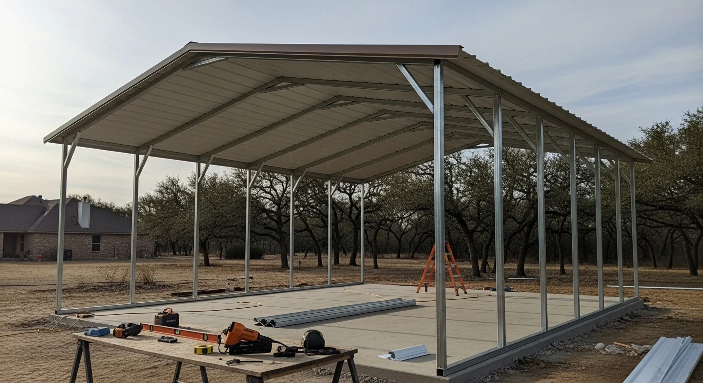 A newly installed metal carport replacing an old damaged structure at a residential property in Denton County, Texas. The replacement carport features straight posts and a clean roofline suited for North Texas weather conditions.