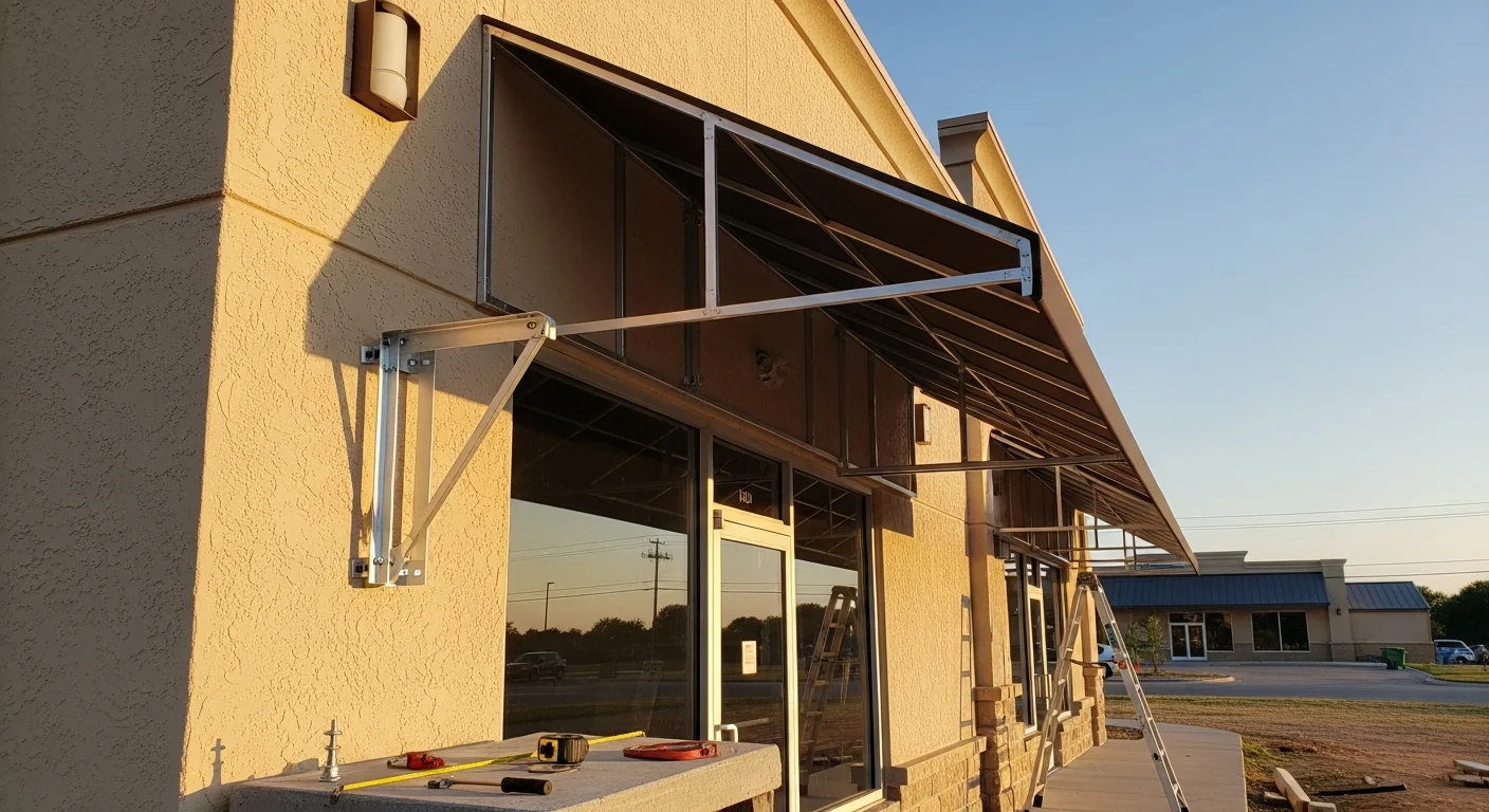 A commercial awning installed by Armadillo Buildings And Carports on a business storefront in Denton County, Texas. The awning covers the entrance and front windows, providing shade against the bright North Texas sun.