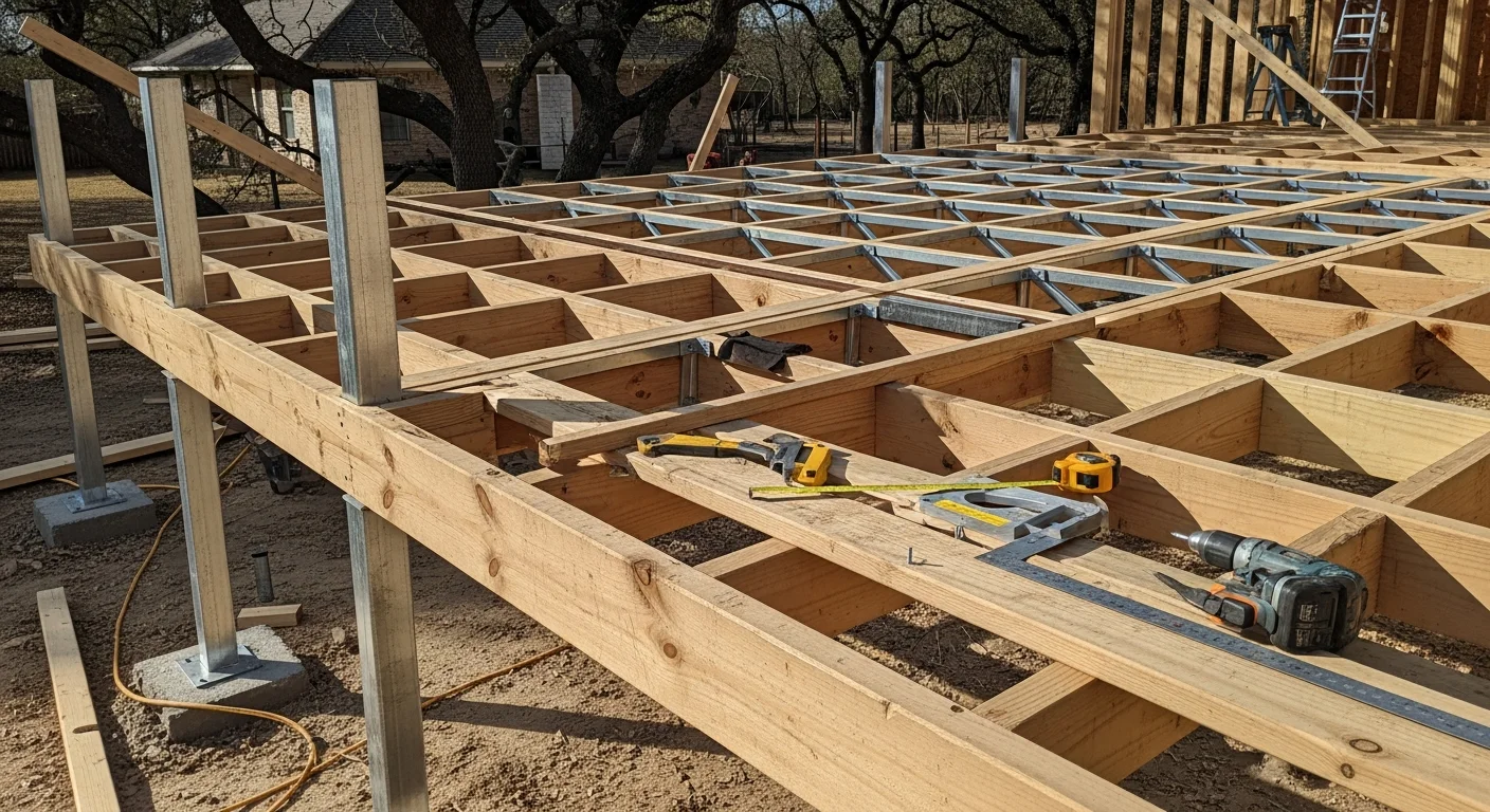A newly installed covered deck on a residential property in Denton County, Texas, featuring a solid roof structure and wood deck surface attached to the back of a single-family home. The covered structure provides full shade over the deck area with a view of a typical North Texas backyard.