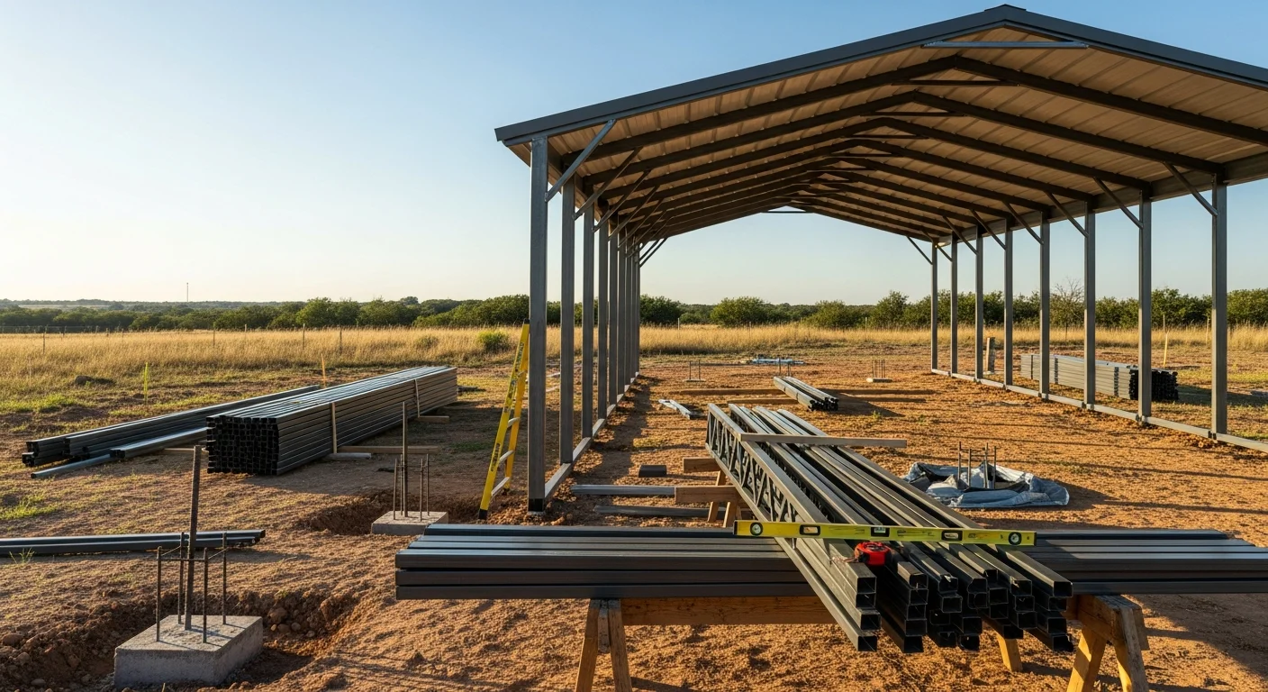A custom-designed metal carport installed on a residential property in Denton County, Texas, with a pitched roof and open sides sheltering two vehicles on a concrete pad. The structure sits adjacent to a single-family home on a suburban lot under a clear North Texas sky.