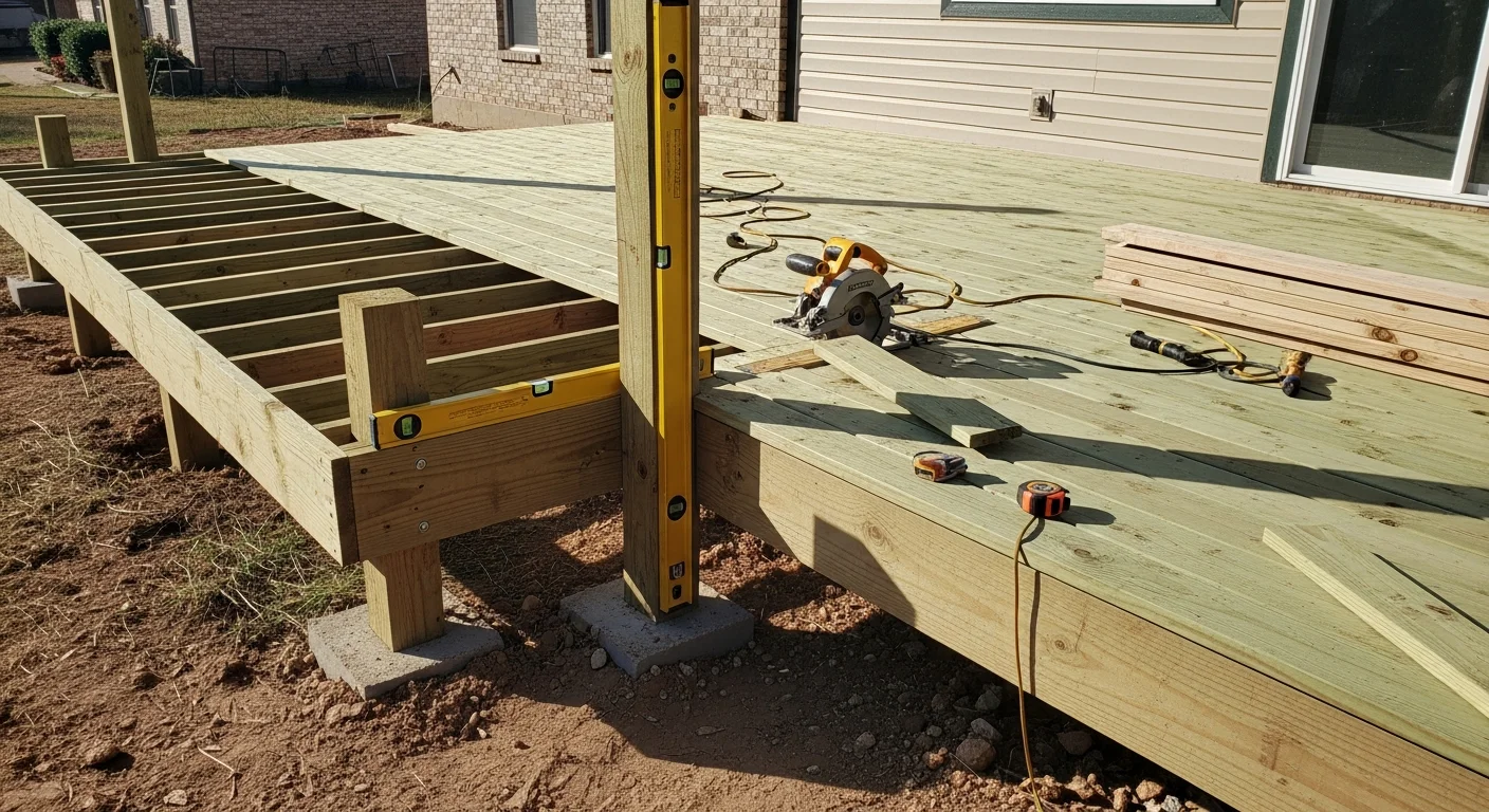 A newly constructed wood deck attached to the back of a single-family home in Denton County, Texas, with a clear view of the backyard and surrounding residential landscape. The deck features a clean railing system and level decking surface built to handle North Texas outdoor conditions.