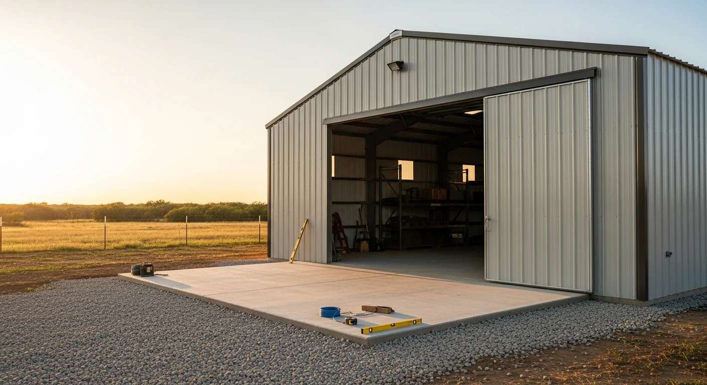 A large steel equipment storage building on a rural Denton County, Texas property with wide roll-up doors open to show interior space for agricultural machinery. The structure sits on a concrete slab surrounded by open land typical of North Texas ranch and farm properties.