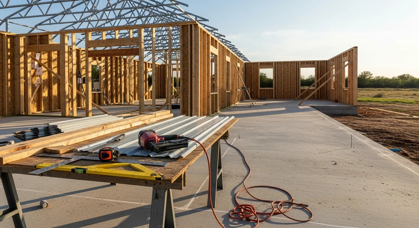 A newly constructed detached garage on a residential property in Denton County, Texas, with a wide driveway approach and a clear-span interior sized for multiple vehicles. The structure shows finished exterior walls and a pitched roof suited to North Texas weather conditions.