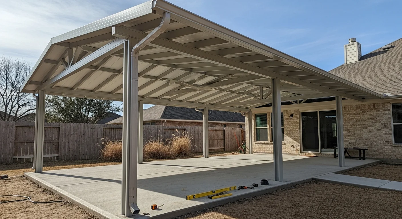 A newly installed solid-roof patio cover attached to the back of a single-story home in Denton County, Texas. The covered structure extends over a concrete patio with open yard space visible in the background under a clear Texas sky.