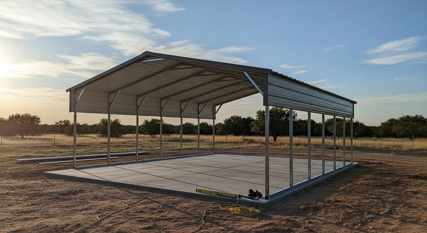 A large steel RV carport installed at a residential property in Denton County, Texas, with a full-size motorhome parked underneath. The structure features a vertical-style metal roof and anchored steel frame posts set on a concrete surface.