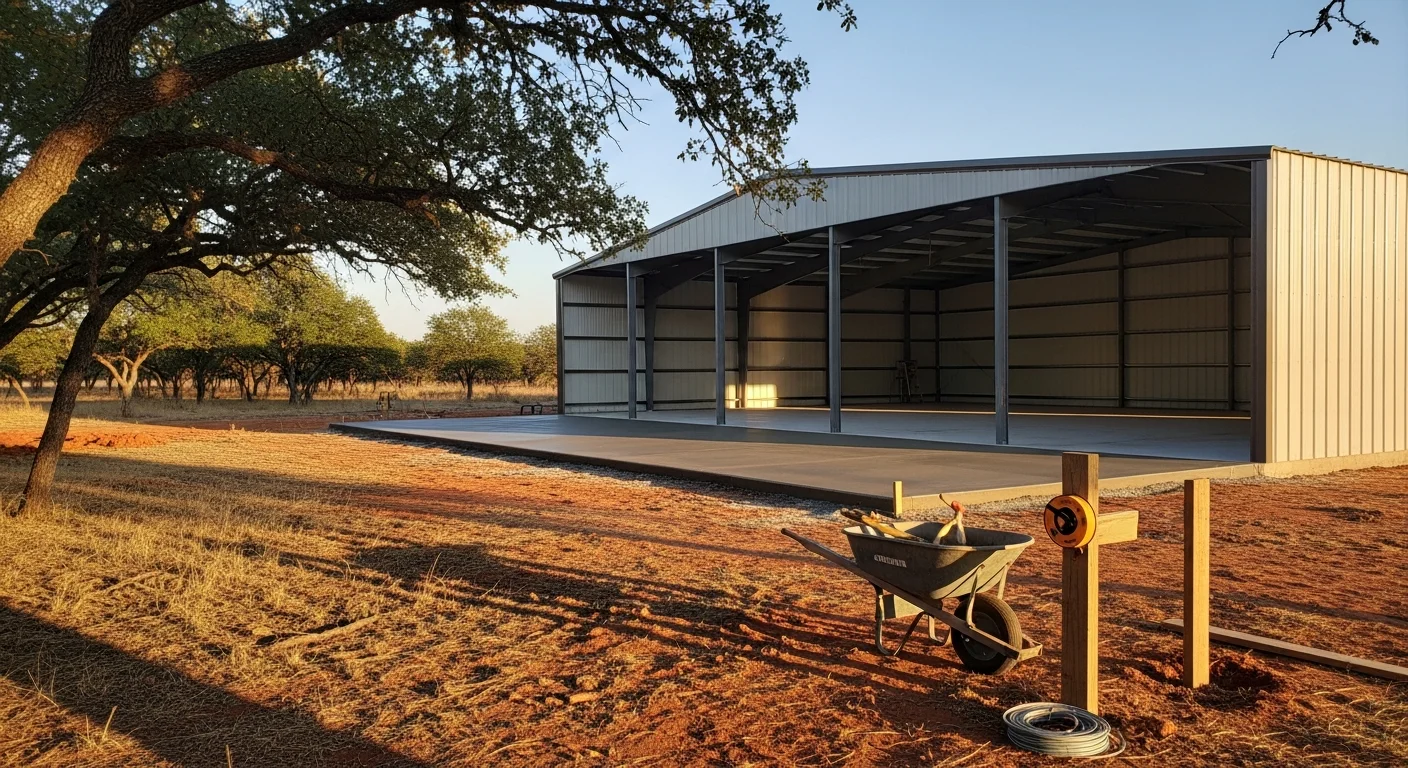 A large enclosed metal RV storage building with a wide roll-up door on a residential property in Denton County, Texas. The structure is tall enough to accommodate a full-size Class A motorhome parked inside.