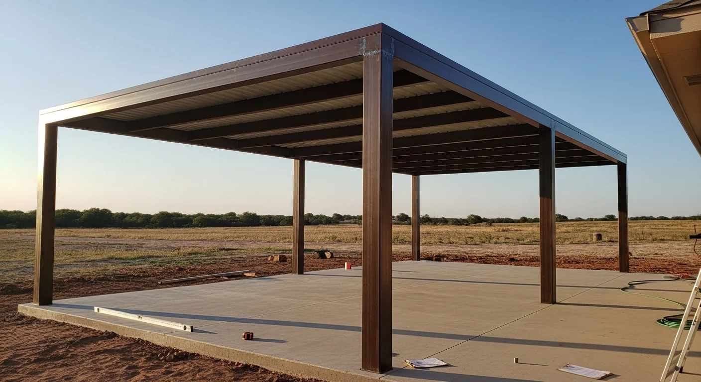 A custom steel shade structure installed over a residential patio in Denton County, Texas, providing full overhead coverage against direct sun. The structure features a clean metal roof and open sides, set against a typical North Texas suburban backyard.