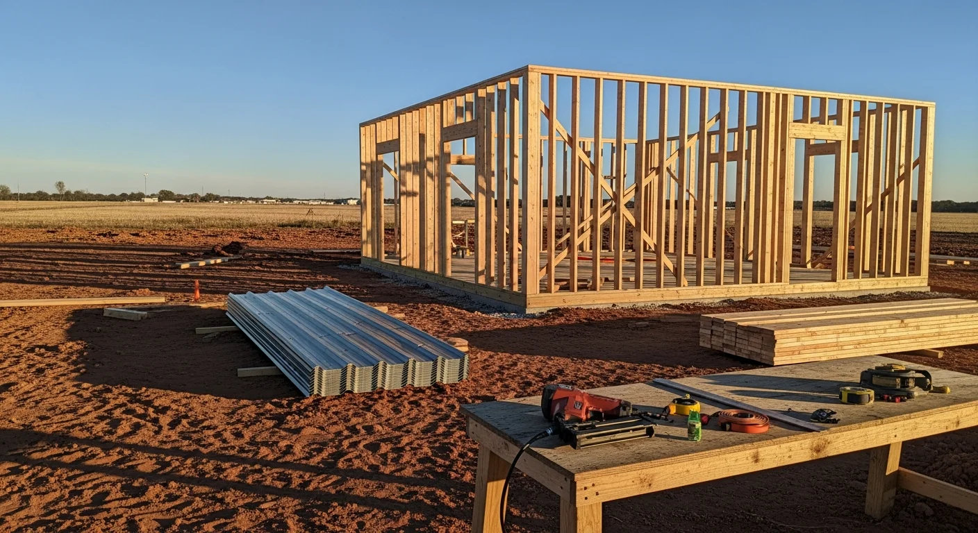 A newly constructed storage building on a residential property in Denton County, Texas, with a metal roof and wide double doors. The structure sits on a concrete pad with open rural land visible in the background.